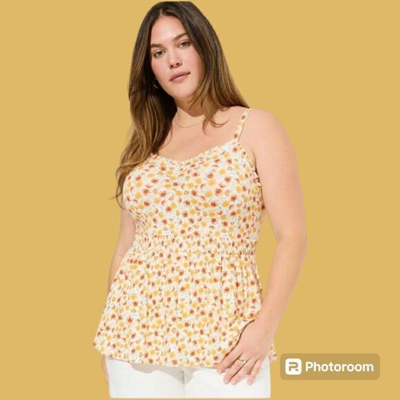 6X 30W Torrid Yellow Super Soft Sweetheart Ruched Babydoll Tank Top Floral cinch - Picture 1 of 8